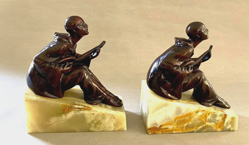 Pair Rare Vintage French Harlequin Musicians on Marble Base Bookends - Imagen 3 de 6