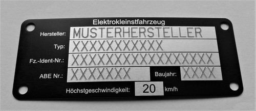Typenschild für E Scooter, Elektrokleinstfahrzeuge beschriftet / nadelgeprägt - Bild 1 von 2