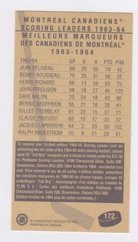 1994-95 Parkhurst - '64-'65 ''Tallboys'' - Jean Beliveau - Scoring Leader - #172 - Picture 2 of 2