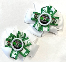 Beautiful Boston Celtics Set of Pigtail hair bows for girls.