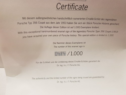 PORSCHE enamel sign numbered with certificate of originality PORSCHE - Picture 13 of 17
