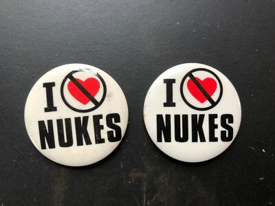Cool ''I HATE NUKES'' (2) Funny Humorous Pinback Button 1982 w/Touch of Rust 1 3/4