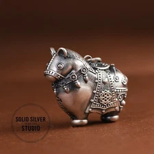 S990 Pure Silver Chubby Horse Pendant 3D Good Luck Charm Folk Art Ornate NEW