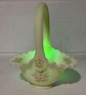 Vintage URANIUM Fenton Custard Floral Ruffled  Vaseline Glass Basket Signed