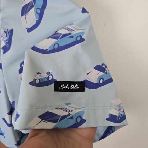 Bad Birdie Mens Polo Shirt Large Blue with Cars Golf Carts All Over Print - Picture 4 of 7