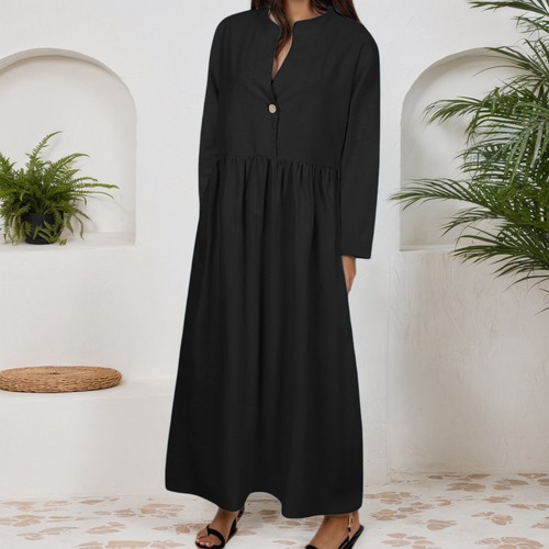 Women Cotton Linen Long Maxi Dress Ladies Casual Loose Kaftan Sundress Plus Size - Picture 16 of 27