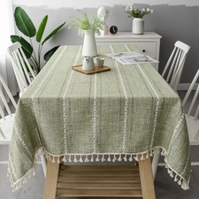 Cotton Linen Stripe Tassel Tablecloth Stain Resistant Dust-Proof Table Cover for