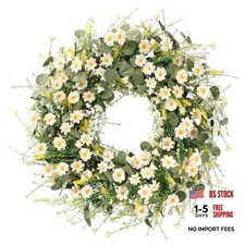 Daisy Wreath 24 Inch with Fake Silk Floral Green Eucalyptus Leaves and White