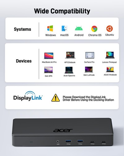 Acer 15-in-1 Laptop Docking Station Support DisplayLink Triple Monitors, USB ... - Photo 8/8