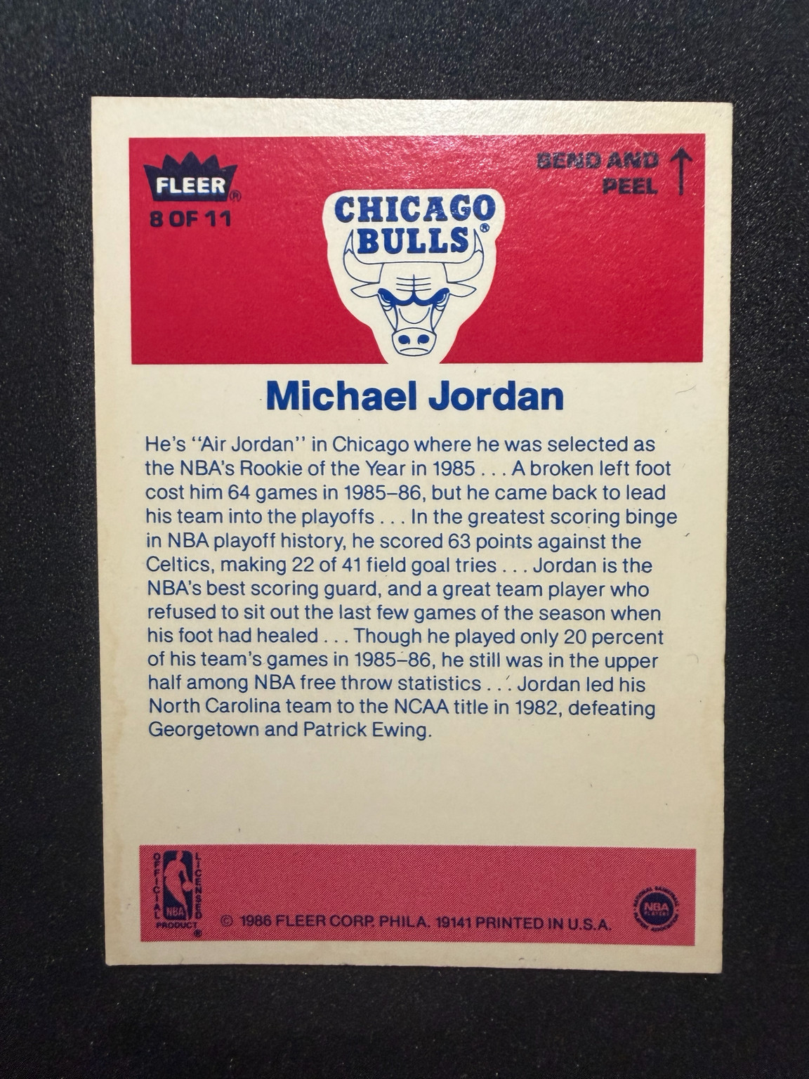 1986-87 Fleer Sticker Michael Jordan #8 Authentic Original view 2