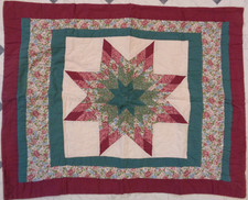 Matching Pair Pillow Shams Hand Quilted Patchwork Star Red Green Cream Floral