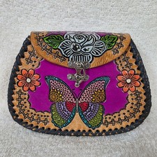 Mexican Hand-Tooled Leather Rose Butterfly Purple Crossbody Bag