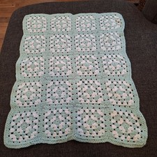 Handmade Crochet Baby Blanket Granny Square Pastel Green White Afghan Throw