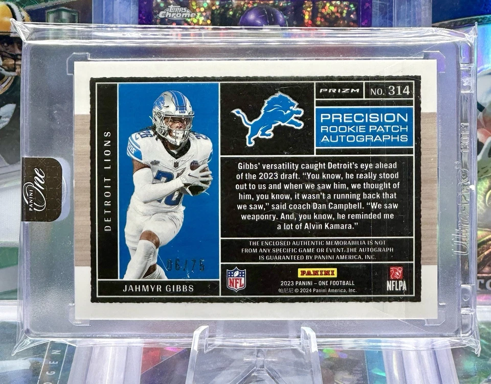 2023 One RPA Rookie AUTO autógrafo en tarjeta/75 parche Prizm Jahmyr Gibbs Lions Foto 2 de 2