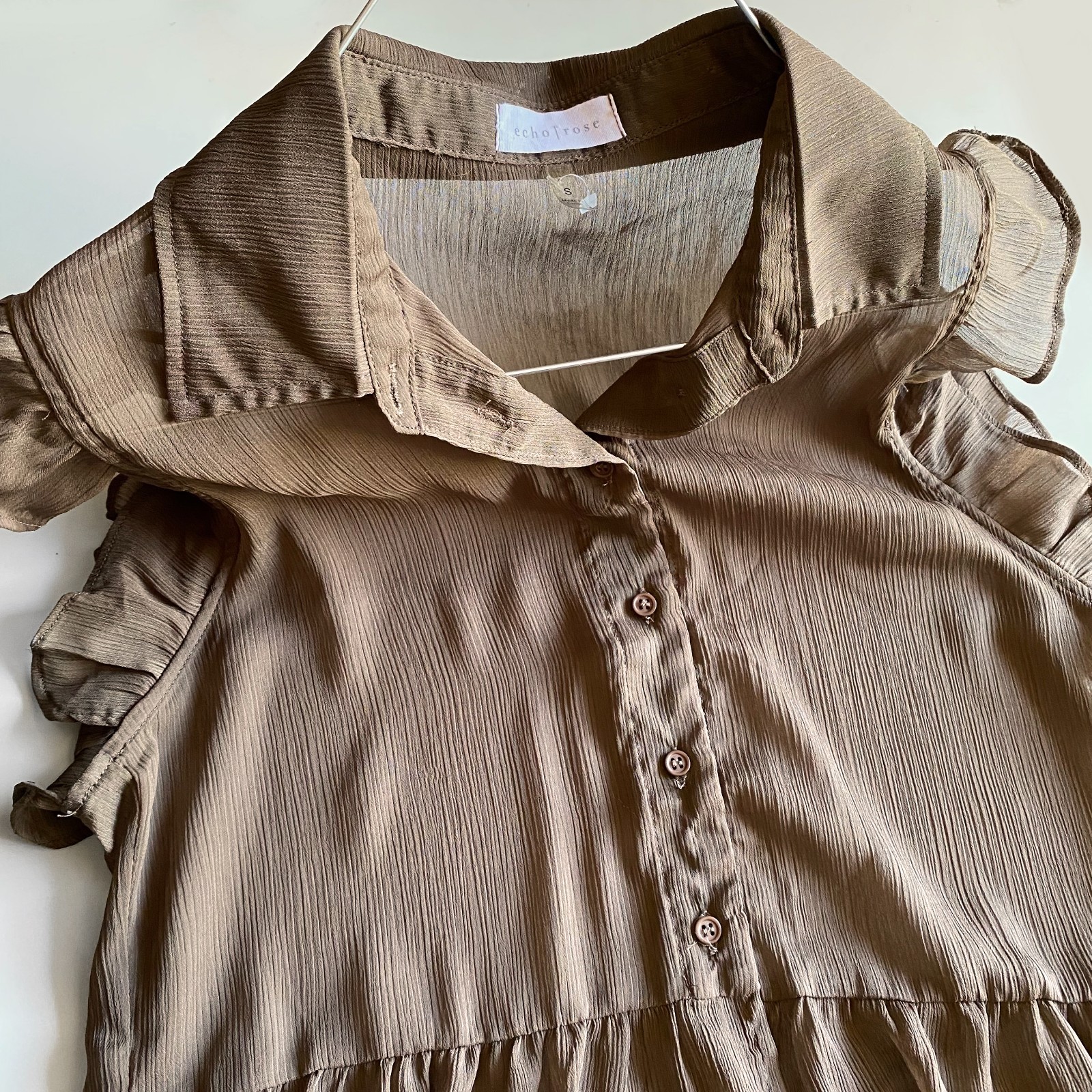 Echo Rose Brown Sheer Button Down Ruffle Sleeve L… - image 6