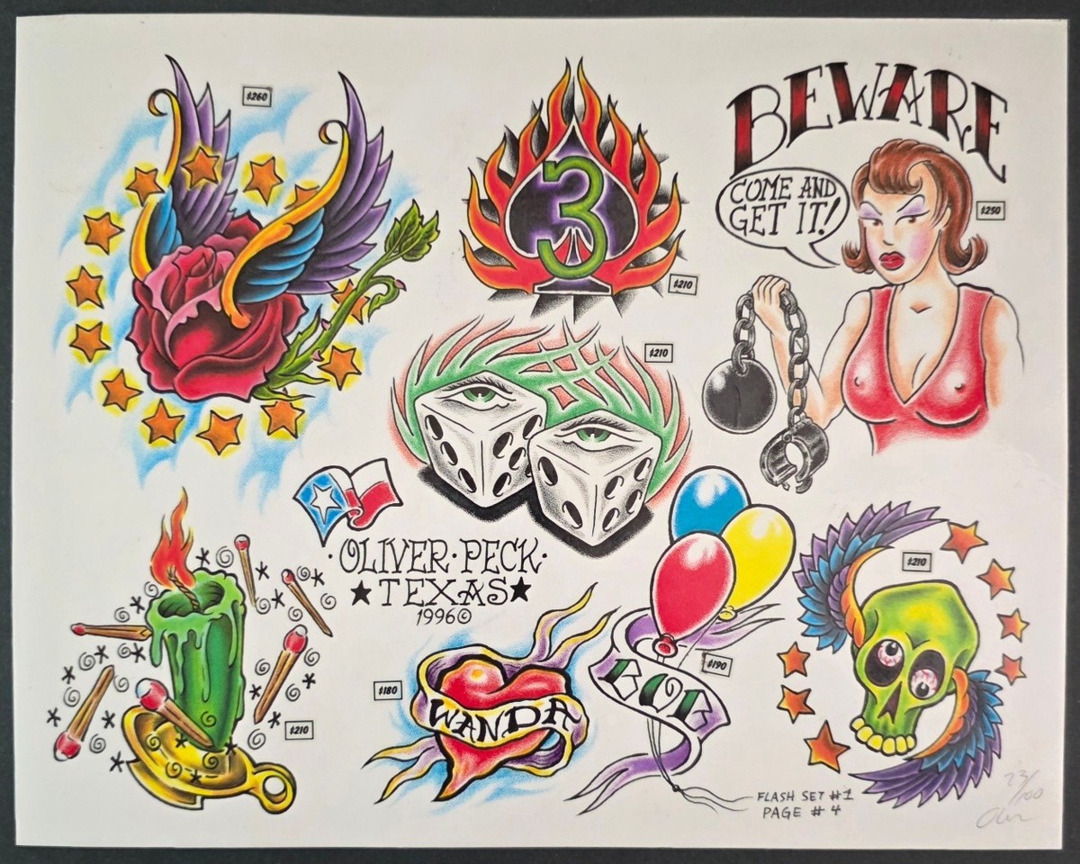 Vintage 1996 Oliver Peck Elm Street Tattoo Flash Sheet New old
