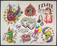 Vintage 1996 Oliver Peck Elm Street Tattoo Flash Sheet New old School Signed 'd