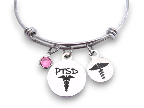 Pulsera con dije de TEPT con caduceo y piedra de nacimiento, TEPT alerta médica regalo hija - Imagen 3 de 6
