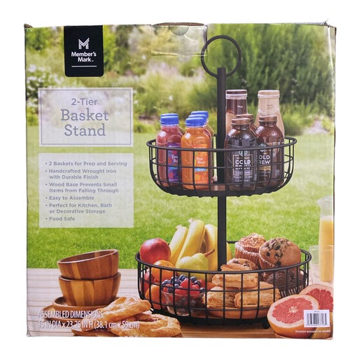 Member's Mark 2 Tier Wire Basket Stand with Wood Base, Black (23.25" H x 15")