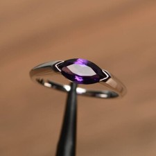 Purple Amethyst Bezel Ring Natural Gemstone 925 Sterling Silver Women Ring