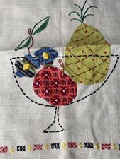 Vtg Cotton Tea Dish Towel Hand Embroidered appliqu d fruit bowl pineapple retro