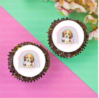 12 x 2''/5cm Beagle Welpe & Regenbogen Cupcake Topper Oblate Papier oder Zuckerguss