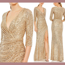 NWT $398 IEENA Mac Duggal [ 8 ] 42015 Sequined Draped 3/4 Sleeve Gown Gold J174