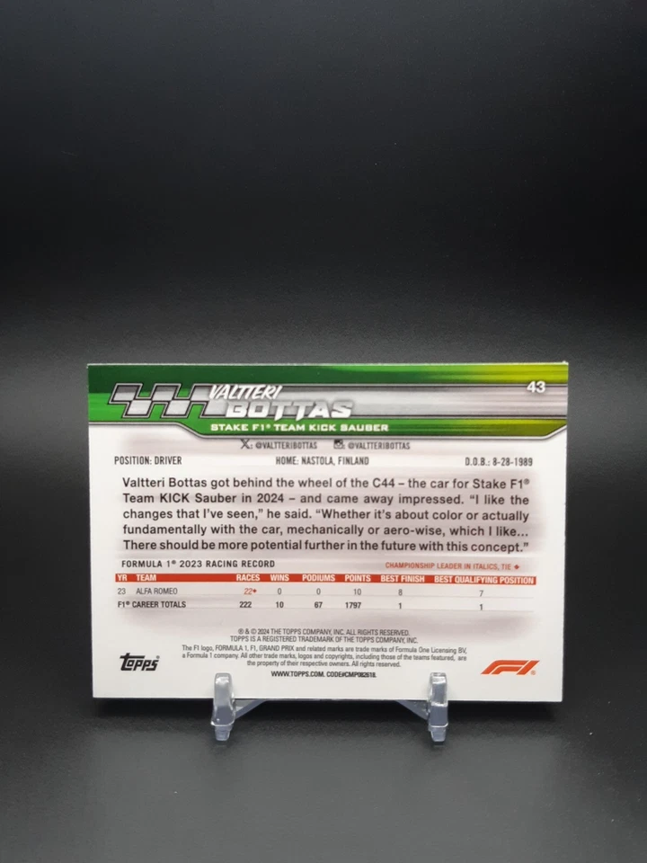 2024 Topps Paddock Pass Formula 1 Car Chrome Refractor Valtteri Bottas #43 - Image 2 of 2