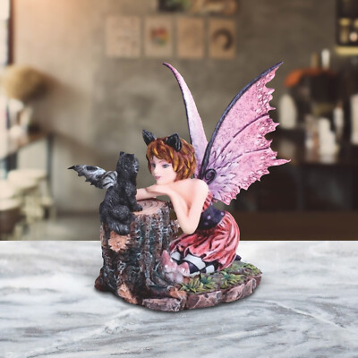6''H Pink Fairy with Black Cat Statue Fantasy Decoration Figurine Room Decor