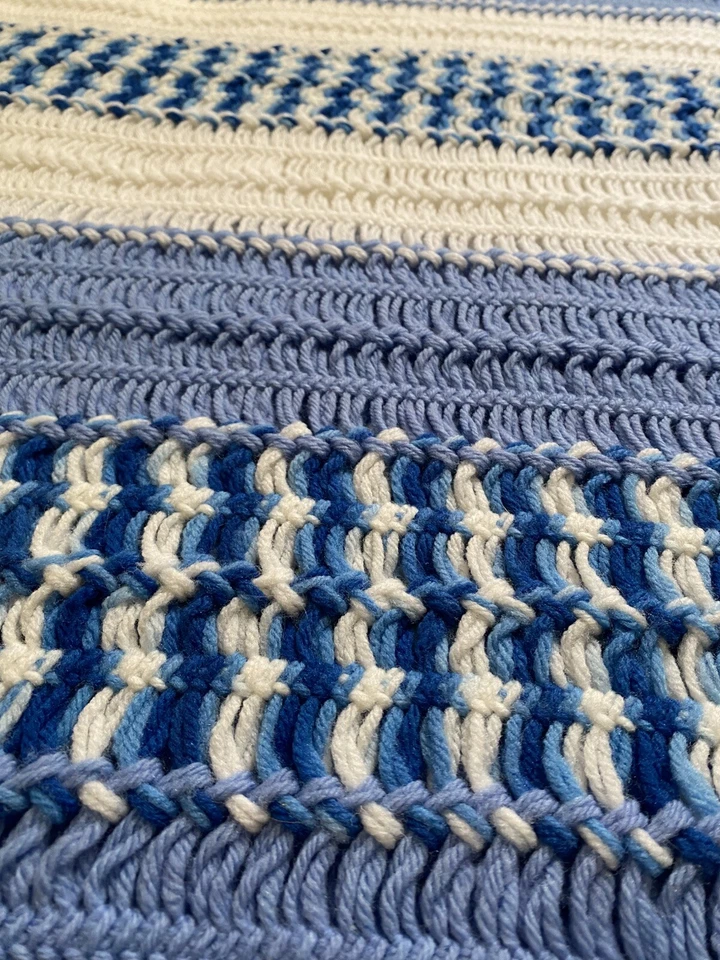 Vtg Handmade Crochet Afghan Blanket Retro 70s Fringe Stripe Blue White 86” x 64” - Image 4 of 4