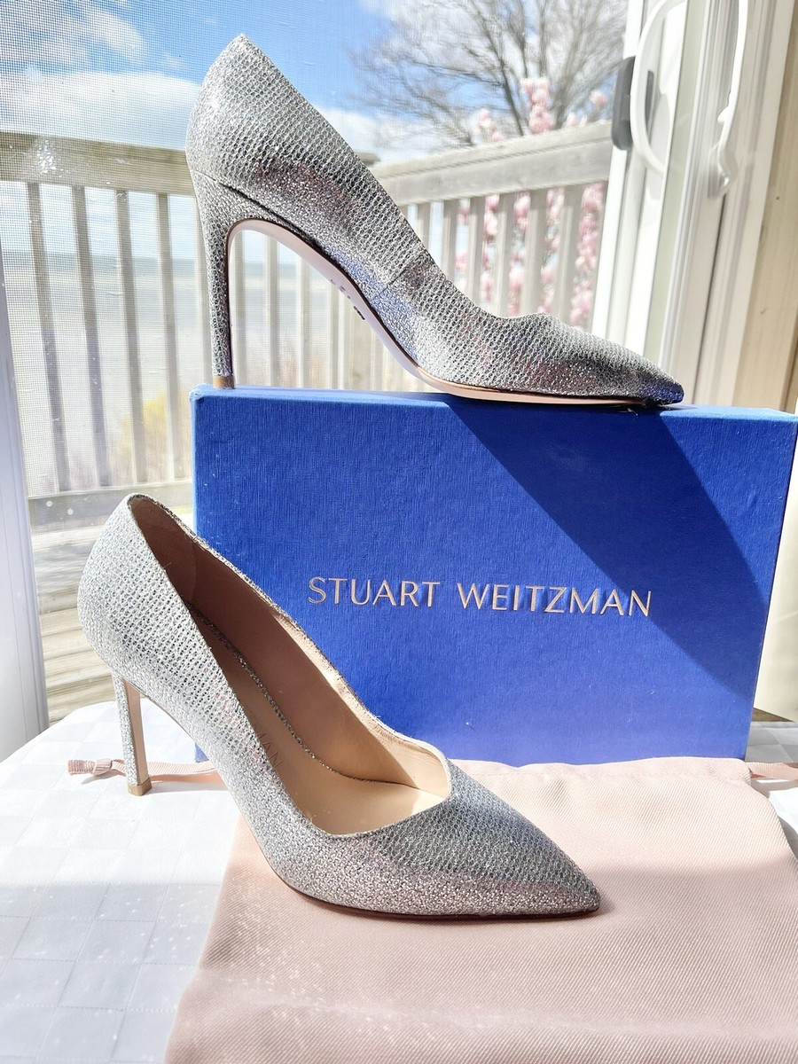 🩶Stuart Weitzman Anny Fine Silver Woven Glitter Pointed Toe Pumps