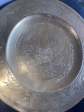 Pair   Chinese Brass Etched Dragon Plate Charger 31 Cm Weight 1170g 1.1kg Each