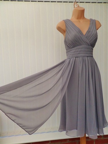 ELIZA J SILVER GREY SHEER PLEAT CHIFFON 50'S FLARE SCARF MIDI DRESS 10 £139 ONCE - Picture 2 of 14