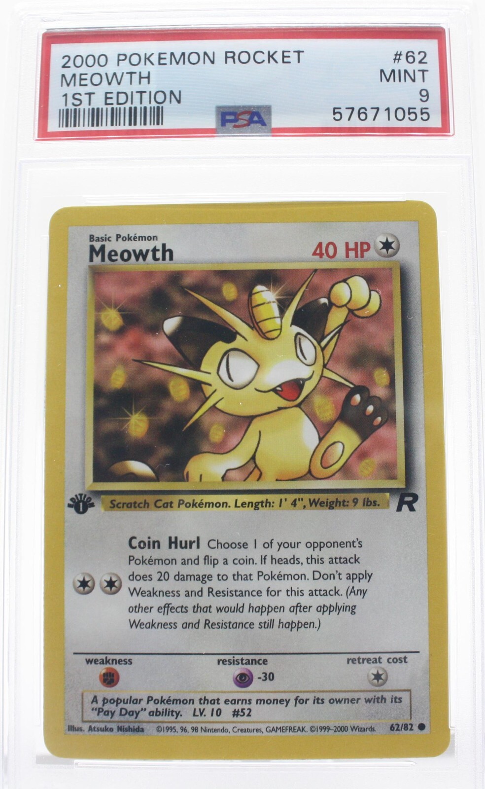 PSA 9 MINT 2000 Pokémon Team Rocket #62 Meowth 1st Edition !!!
