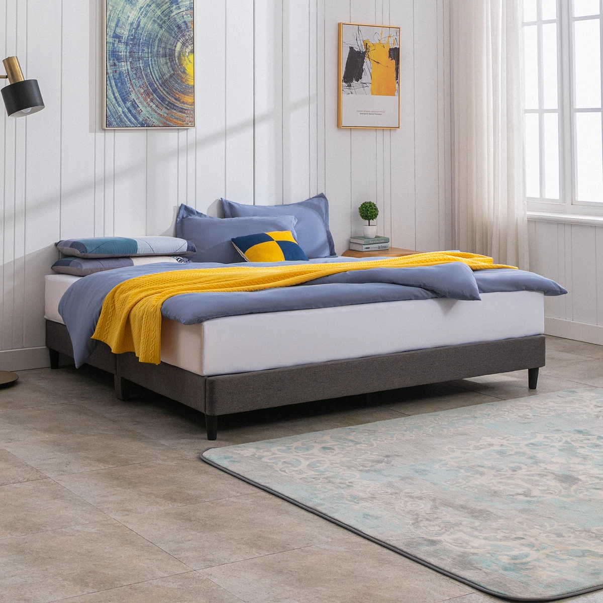 Linen Platform Bed Frame with Wood Slat Support Headboard less Dark Gray