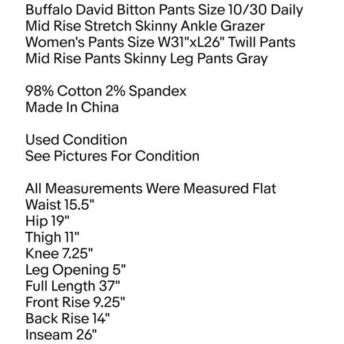 Buffalo David Bitton Pants Size 10/30 Daily Mid Rise Stretch Skinny Ankle Grazer - Picture 2 of 7