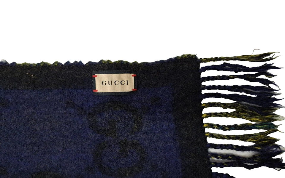 GUCCI Tartán Lana Clásica Nova Cuadros Flecos Bordados Amarillo BUFANDA Foto 4 de 4