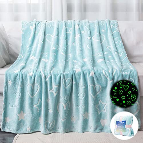 Glow in the Dark Sterne Herz Decke Geschenke für Mädchen Jungen, B-blau Sterne Herz - Bild 2 von 8