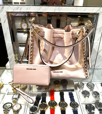Michael Kors Mina Women Large Leather Shoulder Bag + Phone Wallet Powder Blush