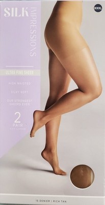Silk Impressions Sheer High Waisted Pantyhose 2 Pack Size 3XL Rich Tan 15 Denier