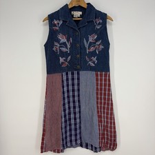 Vtg Papillon Denim Vest 90s Dress M Plaid Buttons July 4th USA y2k Country Rodeo