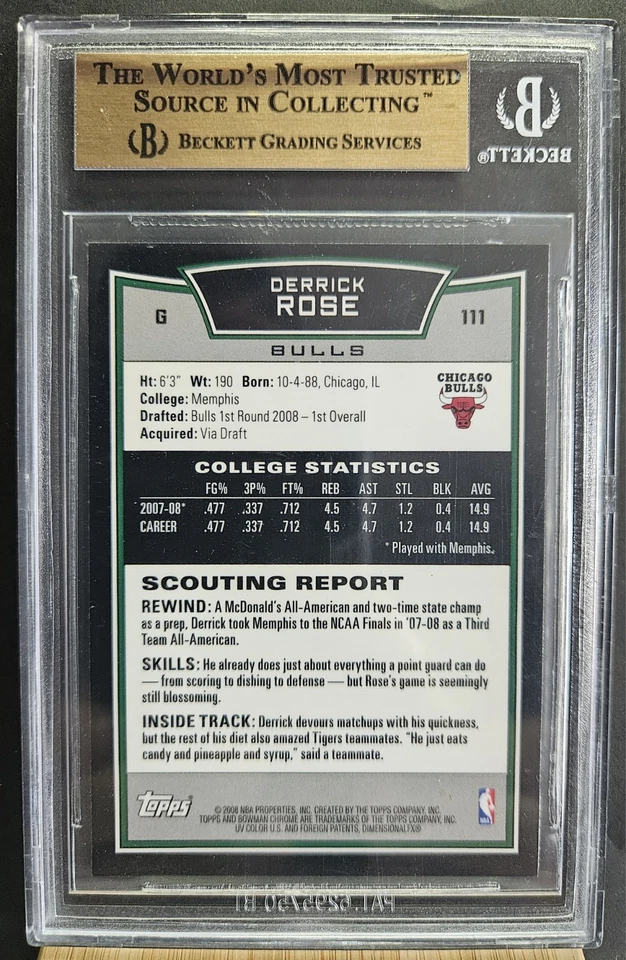 Bowman 2008-09 cromo Derrick Rose RC BGS 9,5 **Muy propio de Chicago** Foto 2 de 2
