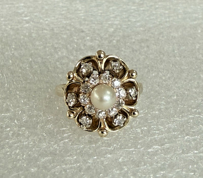 Antique 14K Yellow Gold Pearl Old European Diamond Halo Ring