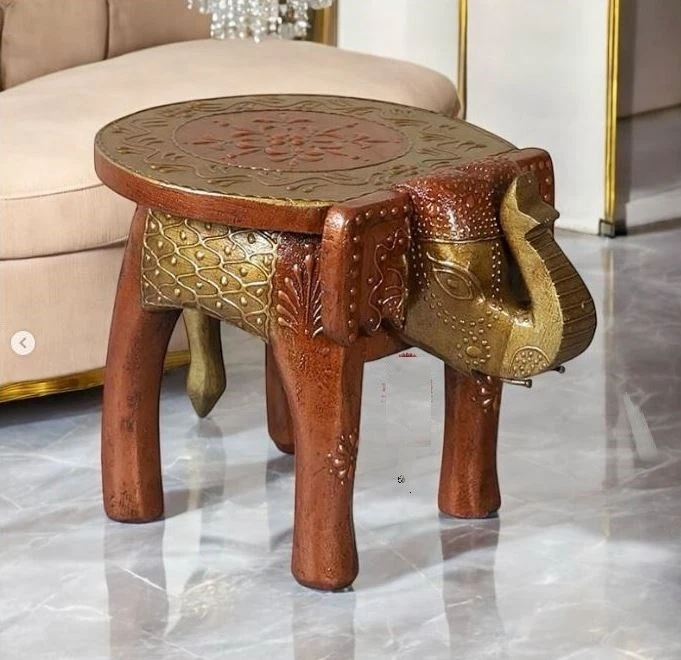 Indian Handmade Wooden Elephant Shape Brown Multi Decor Side Table Statue Table - Image 2 of 2
