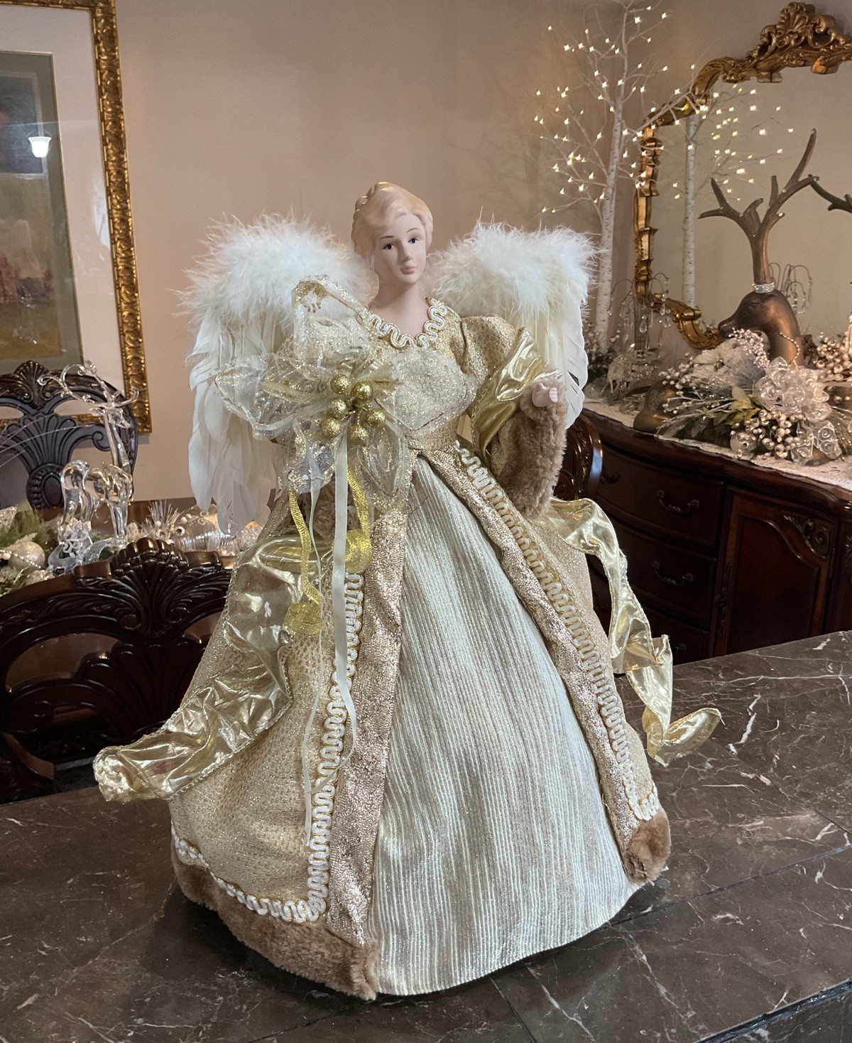 Christmas Angel Tree Topper Ivory Gold And Brown Elegant Gown 17” Stunning