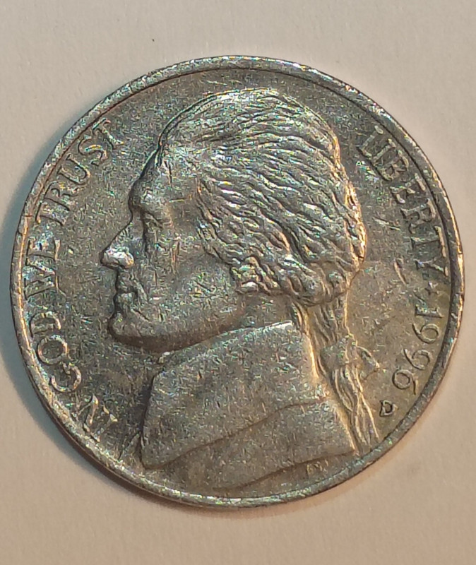1996-D Jefferson Nickel 5C Monticello Reverse Business Strike KM#A192 Copper