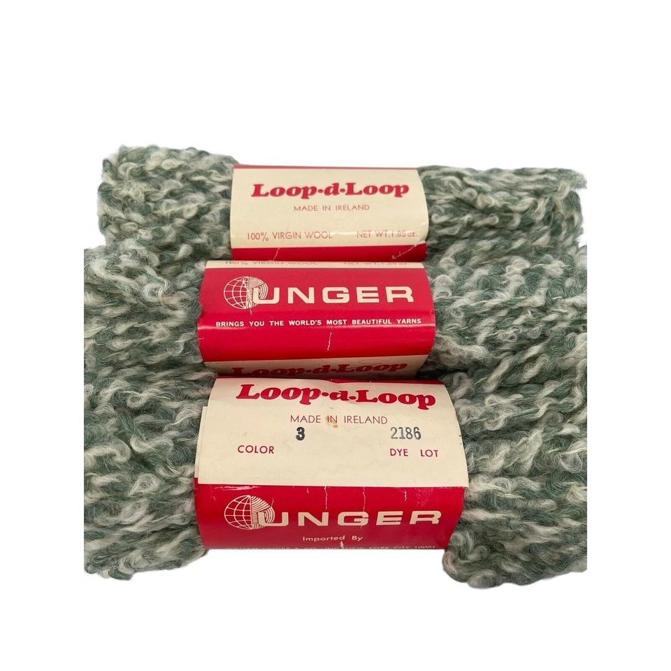 4 madejas de hilo vintage Unger Loop-D-Loop de lana virgen hechas en Irlanda verde crema Foto 4 de 4