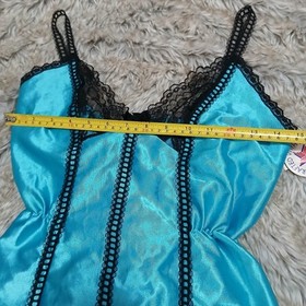 Vtg NOS 80s Symmetry Fashions Blue Satin Lace Lingerie Babydoll Camisole M