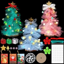Hungdao 3 Set DIY 12 Inch Tulle Christmas Tree Craft Kit with Light