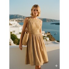 Tory Burch Striped Linen Silk Midi Dress Size 6 Boho Coastal Granddaughter Luxe